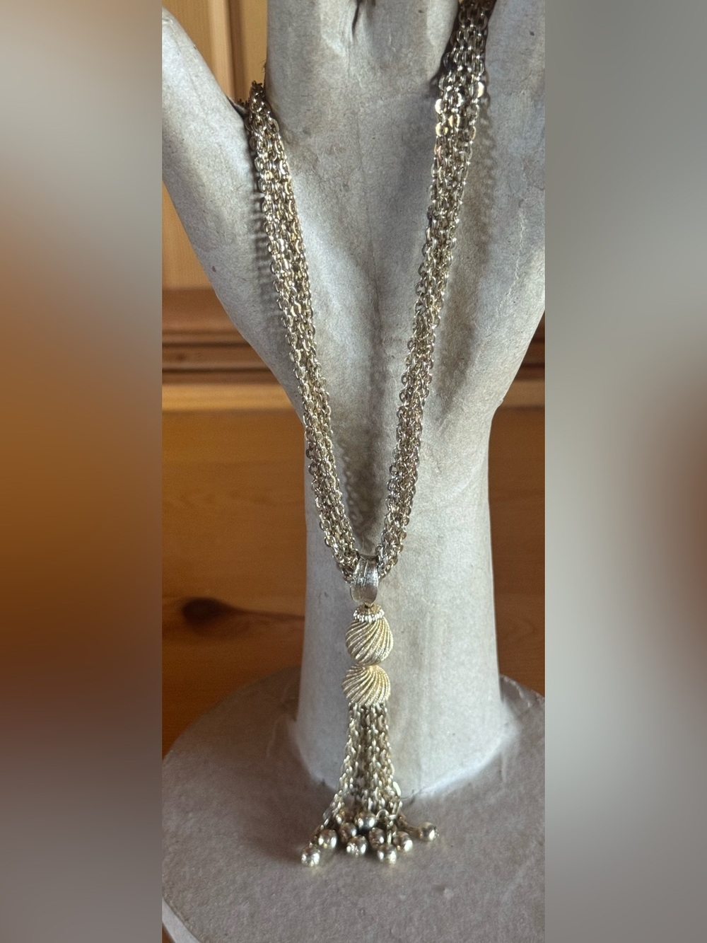 Vintage 1970s Necklace Tassel With Balls Multi-strand Gold Tone Great Shape!